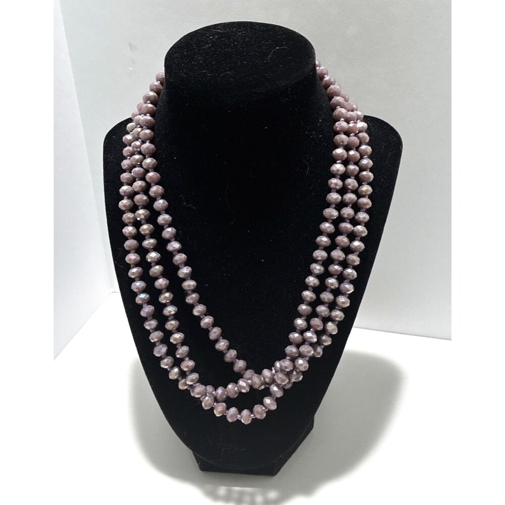SHIMMERY NECKLACE Oval Lavender Beads with Diamond Etching 30 inch